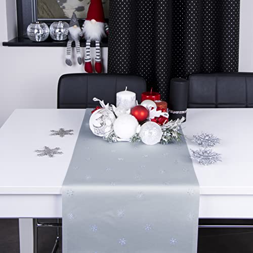 DECOOR Tischläufer für Weihnachten - schmutzabweisendes Tischband, 40 x 220 cm, Grau, Weinachtstischläufer aus 200 g/m² Stoff, Kristallen in Form von Schneeflocken, hergestellt in der EU von DECOOR