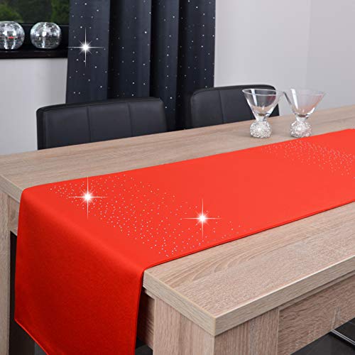 DECOOR - schmutzabweisende Tischband/ Tischläufer, aus zwei Gewebeschichten, mit Kristallen verziert, Gewebe 200 g/m², 100% Polyester, hergestellt in EU. (Rot, 40 x 120 cm) von DECOOR