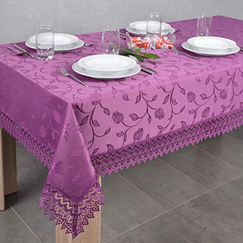 DECOOR - schmutzabweisende Tischdecke, 140 x 180 cm, Violett, veredelt mit dekorativer 9 cm breiter Guipure-Spitze, aus Jacquardgewebe 230g/m², 100% Polyester, hergestellt in EU von DECOOR