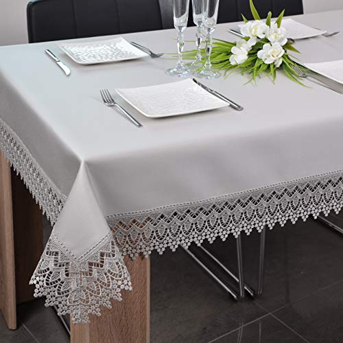 DECOOR - schmutzabweisende Tischdecke, veredelt mit dekorativer 9 cm breiter Guipure-Spitze, aus Satingewebe 190g/m², 100% Polyester, hergestellt in EU. von DECOOR