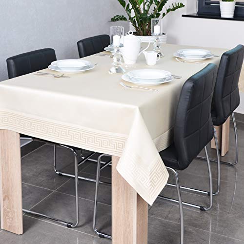 DECOOR - schmutzabweisende Tischdecke, veredelt mit einem 10 cm Breiten Dekorstreifen mit griechischem Muster, aus Satingewebe 200 g/m², 100% Polyester, hergestellt in EU (Beige, 120 x 220 cm) von DECOOR