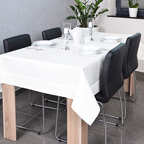 DECOOR - schmutzabweisende Tischdecke, veredelt mit einem 10 cm Breiten Dekorstreifen mit griechischem Muster, aus Satingewebe 200 g/m², 100% Polyester, hergestellt in EU (Écru, 140 x 200 cm) von DECOOR