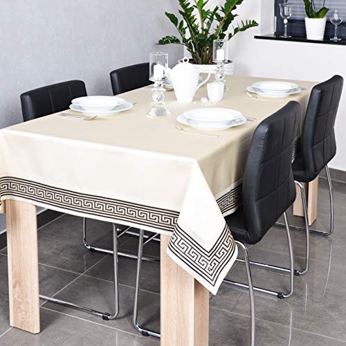 DECOOR - schmutzabweisende Tischdecke, veredelt mit einem 10 cm breiten Dekorstreifen mit griechischem Muster, aus Satingewebe 200 g/m², 100% Polyester, hergestellt in EU (Beige+Schwarz, 120 x 200 cm) von DECOOR