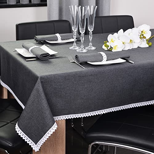 DECOOR - schmutzabweisende Tischdecke/Tischläufern, veredelt mit einer dekorativen 2 cm breiten Baumwollspitze, aus Jacquardgewebe 220g/m², 100% Polyester, hergestellt in EU (Grafit, 220 x 140 cm) von DECOOR