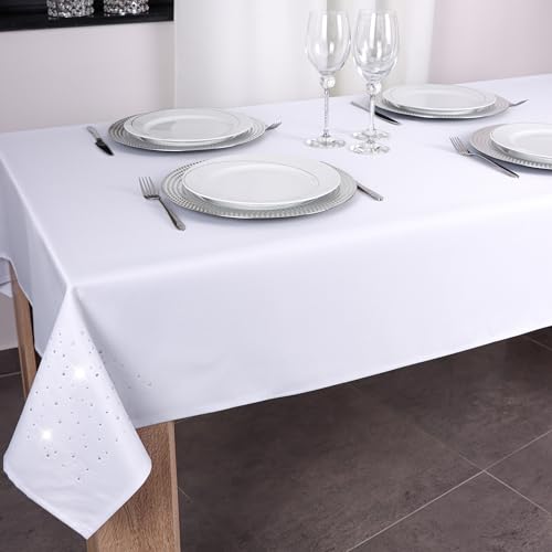 DECOOR - schmutzabweisendes Tischdecken, 300 x 140 cm, Weiß, veredelt mit einem ästhetischen Rückseite auf 1 cm, verziert mit Kristallen, Gewebe 200 g/m², 100% Polyester, hergestellt in der EU von DECOOR