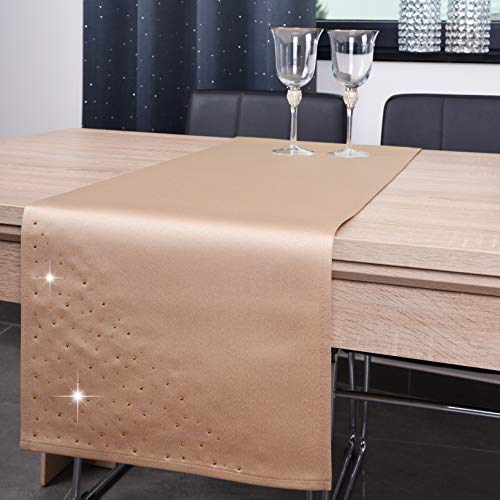 DECOOR - schmutzabweisendes Tischläufern, 40 x 140 cm, Kakao, veredelt mit einem ästhetischen Rückseite auf 1 cm, verziert mit Kristallen, Gewebe 200 g/m², 100% Polyester, hergestellt in der EU von DECOOR