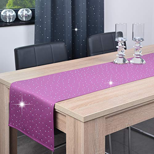 DECOOR - schmutzabweisendes Tischläufern, 40 x 140 cm, Violett, veredelt mit einem ästhetischen Rückseite auf 1 cm, verziert mit Kristallen, Gewebe 200 g/m², 100% Polyester, hergestellt in der EU von DECOOR