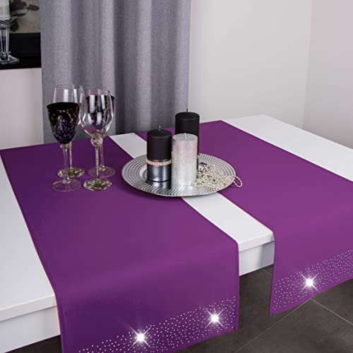 DECOOR - schmutzabweisendes Tischläufern, 40 x 140 cm, Violett, veredelt mit einem ästhetischen Rückseite auf 1 cm, verziert mit Kristallen, Gewebe 200 g/m², 100% Polyester, hergestellt in der EU von DECOOR