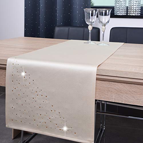 DECOOR - schmutzabweisendes Tischläufern, 40 x 160 cm, Beige, veredelt mit einem ästhetischen Rückseite auf 1 cm, verziert mit Kristallen, Gewebe 200 g/m², 100% Polyester, hergestellt in der EU von DECOOR