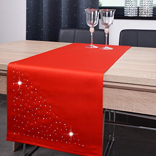 DECOOR - schmutzabweisendes Tischläufern, 40 x 160 cm, Rot, veredelt mit einem ästhetischen Rückseite auf 1 cm, verziert mit Kristallen, Gewebe 200 g/m², 100% Polyester, hergestellt in der EU von DECOOR