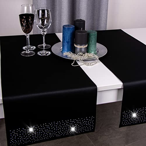 DECOOR - schmutzabweisendes Tischläufern, 40 x 180 cm, Schwarz, veredelt mit einem ästhetischen Rückseite auf 1 cm, verziert mit Kristallen, Gewebe 200 g/m², 100% Polyester, hergestellt in der EU von DECOOR