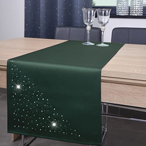 DECOOR - schmutzabweisendes Tischläufern, 40 x 200 cm, Dunkelgrün, veredelt mit einem ästhetischen Rückseite auf 1 cm, verziert mit Kristallen, Gewebe 200 g/m², 100% Polyester, hergestellt in der EU von DECOOR