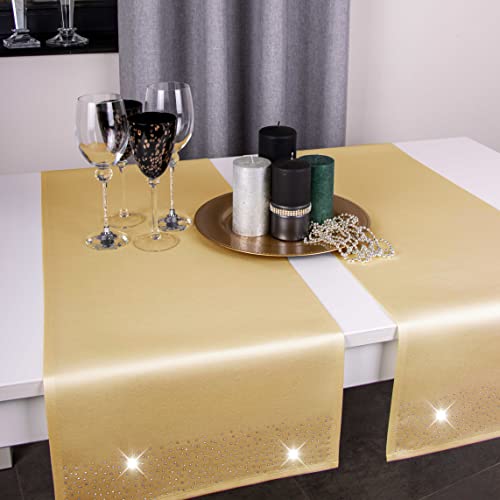 DECOOR - schmutzabweisendes Tischläufern, 40 x 220 cm, Gold, veredelt mit einem ästhetischen Rückseite auf 1 cm, verziert mit Kristallen, Gewebe 200 g/m², 100% Polyester, hergestellt in der EU von DECOOR