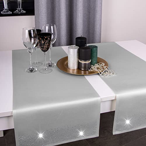 DECOOR - schmutzabweisendes Tischläufern, 40 x 220 cm, Grau, veredelt mit einem ästhetischen Rückseite auf 1 cm, verziert mit Kristallen, Gewebe 200 g/m², 100% Polyester, hergestellt in der EU von DECOOR
