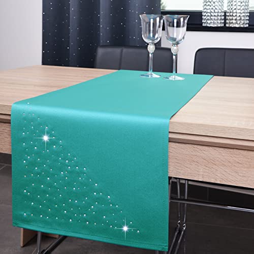 DECOOR - schmutzabweisendes Tischläufern, 40 x 220 cm, Mint, veredelt mit einem ästhetischen Rückseite auf 1 cm, verziert mit Kristallen, Gewebe 200 g/m², 100% Polyester, hergestellt in der EU von DECOOR