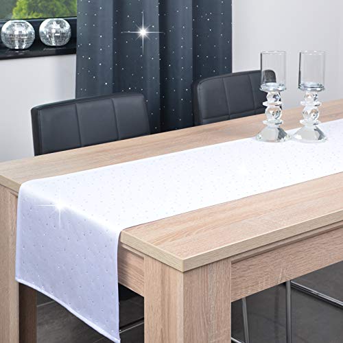 DECOOR - schmutzabweisendes Tischläufern, 40 x 140 cm, Weiß, veredelt mit einem ästhetischen Rückseite auf 1 cm, verziert mit Kristallen, Gewebe 200 g/m², 100% Polyester, hergestellt in der EU von DECOOR