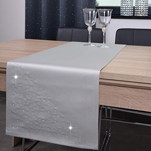 DECOOR - schmutzabweisendes Tischläufern, 40 x 140 cm, Grau, veredelt mit einem ästhetischen Rückseite auf 1 cm, verziert mit Kristallen, Gewebe 200 g/m², 100% Polyester, hergestellt in der EU von DECOOR