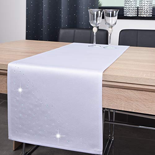 DECOOR - schmutzabweisendes Tischläufern, 40 x 160 cm, Weiß, veredelt mit einem ästhetischen Rückseite auf 1 cm, verziert mit Kristallen, Gewebe 200 g/m², 100% Polyester, hergestellt in der EU von DECOOR