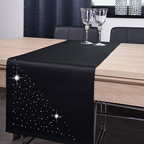 DECOOR - schmutzabweisendes Tischläufern, 80 x 80 cm, Schwarz, veredelt mit einem ästhetischen Rückseite auf 1 cm, verziert mit Kristallen, Gewebe 200 g/m², 100% Polyester, hergestellt in der EU von DECOOR