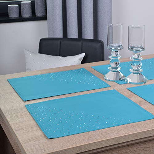 DECOOR - schmutzabweisendes Tischläufern, 30 x 40 cm, Türkis, veredelt mit einem ästhetischen Rückseite auf 1 cm, verziert mit Kristallen, Gewebe 200 g/m², 100% Polyester, hergestellt in der EU von DECOOR