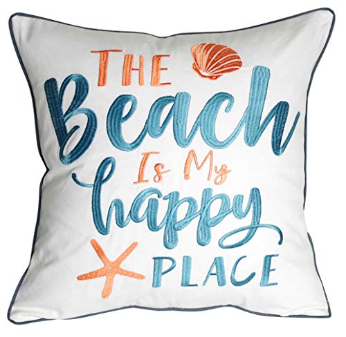 DECOPOW Bestickter Kissenbezug „The Beach is My Happy Place“, quadratisch, 45,7 cm, dekorativer Leinen-Kissenbezug mit „The Beach is My Happy Place“-Muster, nur Bezug von DECOPOW