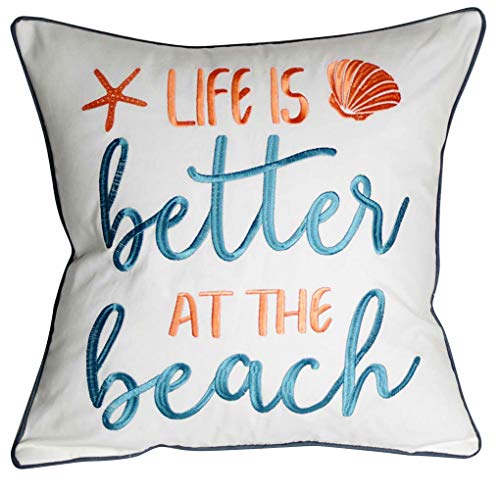 DECOPOW Embroidered Life is Better at The Beach Kissenbezug, quadratischer 45,7 cm dekorativer Leinen-Kissenbezug mit Life is Better at The Beach Muster, nur Bezug von DECOPOW