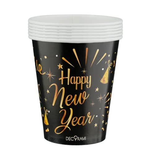 DECORAMI Happy New Year Pappbecher | 6 Stück | 230 ml | 9 cm hoch | 2023 | Pappe/Papier, nachhaltig | Silvester Partygeschirr | Trinkbecher | Einwegbecher | Schwarz Gold von DECORAMI - celebrate happy times