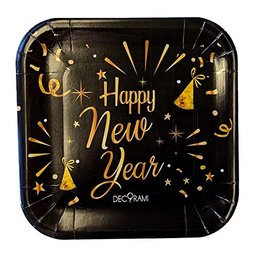 DECORAMI Happy New Year Pappteller | 2023 | 6 Stück | Ø 23 cm | Feier | Pappe/Papier, nachhaltig | Silvester Partygeschirr | Einwegteller | Schwarz Gold von DECORAMI - celebrate happy times