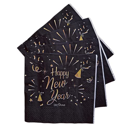 DECORAMI Happy New Year Servietten | 20 Stück | 2024 | Tischdeko | Silvester Servietten | Papierservietten | Einwegservietten | 33x33 cm | Schwarz Gold von DECORAMI - celebrate happy times