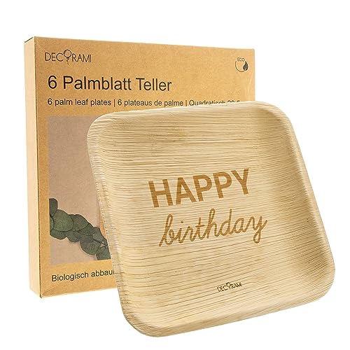 DECORAMI - celebrate happy times Palmblatt Teller Happy Birthday, 6 Stück, 20,5x20,5 cm, braun, umweltfreundliches Einweggeschirr für Geburtstag und Party, biologisch abbaubar von DECORAMI - celebrate happy times