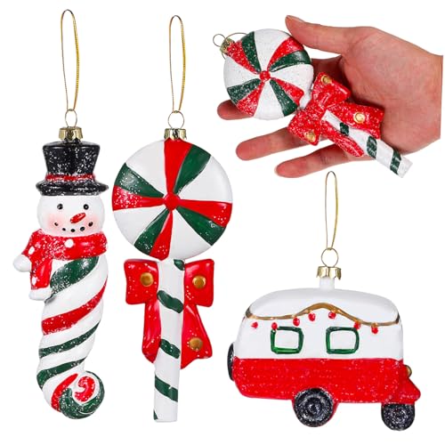 DECORNIJIA 3 STK. Teiliges Weihnachtsbaumschmuck aus Leichte Hängende Christbaumornamente in Lollipop Schneemann und Campingwagen Form Langlebige Weihnachtsdeko für Festliche Tannenbäume von DECORNIJIA