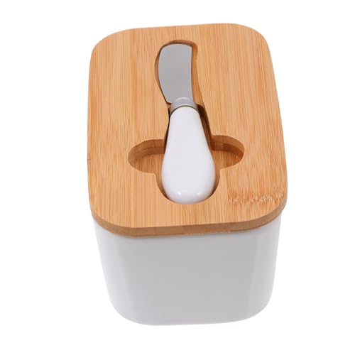 DECORNIJIA Butterdose aus Keramik mit Bambusdeckel und Edelstahl Buttermesser Kleine Butterdose für Frische Lagerung Hygienisch und Stilvoll für Küche und Esstisch von DECORNIJIA