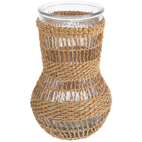 DECORNIJIA Dekorativer Glasblumenvase mit Handgewebtem Rattanüberzug Vielseitiger Blumentopf für Frische und Getrocknete Blumen Rustikale Vintage Deko für Wohnzimmer und Esstisch von DECORNIJIA