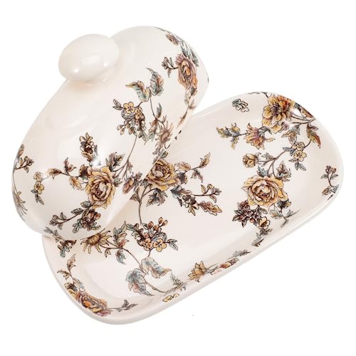 DECORNIJIA Keramik Butterdose mit Deckel Butterhalter für Küche und Kühlschrank Vintage Stil Gelb Peony Design Lebensmittelplatte für Butteraufbewahrung und Dessert Präsentation von DECORNIJIA