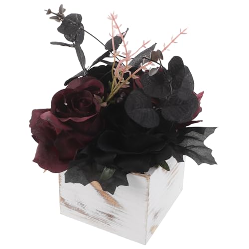 DECORNIJIA Künstliche Schwarze Blumen im Holztopf Langlebige Fake Floral Arrangements Stilvolle Halloween Hochzeits-deko Vielseitige Tisch-mittelelemente für Innen Außenbereiche von DECORNIJIA