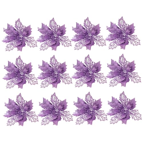 DECORNIJIA Teiliges Glitzernde Weihnachtsstern Blumen Hohlkünstliche Christbaum Ornamente Weihnachtsbaum Dekoration mit Poinsettia Funkelnde Festliche Kranz und Baumanhänger von DECORNIJIA