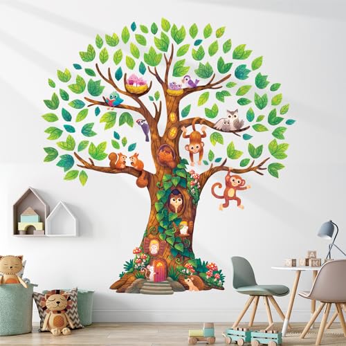 DECOWALL DL4-2303 Extra groß Riesenbaum Kinder Wandtattoo (142x158 cm) Kinderzimmer Deko Wald Mädchenzimmer Baby Jungen Pflanze Wald Zuhause Natur grün Mitbewohner Blatt Tiere Affe bunt von DECOWALL