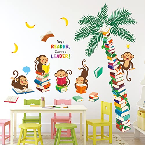 DECOWALL DS9-8065 Wandtattoo Affen Kinderzimmer Wandaufkleber Bücher Baum Klassenzimmer Lessen Buch Wandsticker Wanddeko Wohnzimmer Bibliothek von DECOWALL