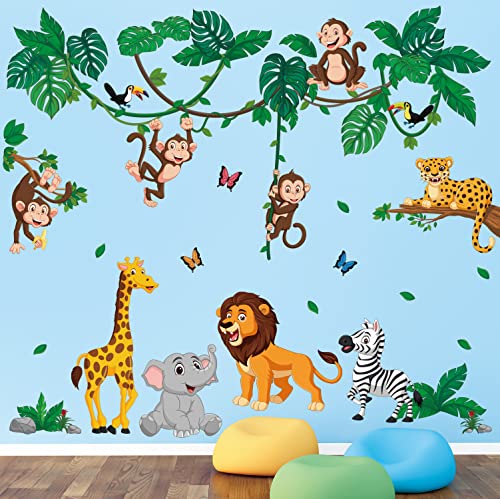 DECOWALL DSL-8069 Dschungel Tier Cartoon Wandsticker Kinder Wandtattoo Kinderzimmer Kinderzimmer Mädchen Junge Baby Baum Wald Wald Zuhause Löwe Tiger Affe von DECOWALL