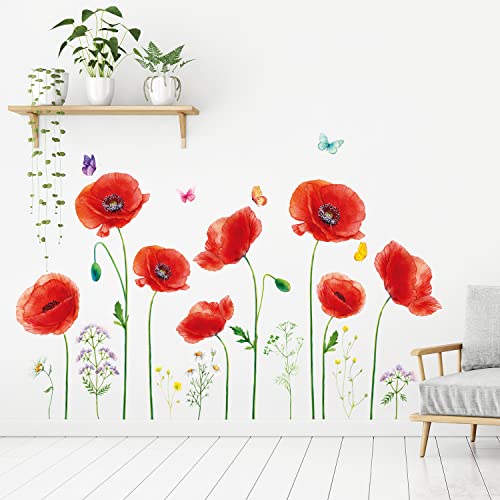 DECOWALL SG-2104 Mohn-Wandaufkleber rote Blume Wandtattoo Schmetterling Abziehbilder abnehmbar Kinderzimmer Schlafzimmer Wohnzimmer Heimdekoration Wandbilder von DECOWALL