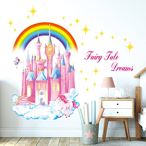 DECOWALL SG-2207 Regenbogen-Schloss-Wandaufkleber, Kinder-Wandtattoo, Kinderzimmer-Dekoration abziehen und aufkleben abnehmbar Wolke fee Babystern bunt Baby Mädchen party von DECOWALL