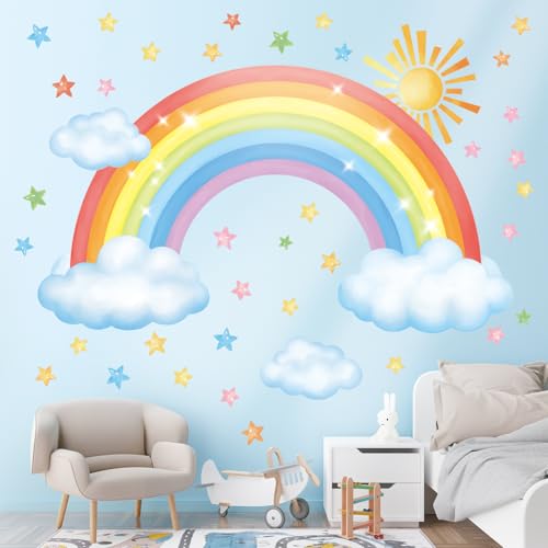 DECOWALL SG3-2314 Groß Regenbogen Wandtattoo Wolken Wandsticker Sterne Wandaufkleber set für Kinderzimmer Wanddeko Mädchen Junge Babyzimmer Schlafzimmer von DECOWALL