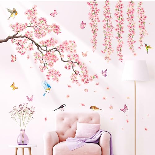 DECOWALL SG3-2320 Kirschblüte Wandtattoo Hängende Rosa Blumen Wandaufkleber Äste Vögel Wandsticker für Schlafzimmer Wohnzimmer Wanddeko Sofa Hintergrund von DECOWALL