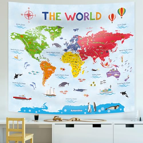 DECOWALL TP-009 Wandteppich mit Weltkarte Wandteppich für Kinder Wandbehang für Schlafzimmer Wohnzimmer Kunst Heimdekoration Polyester 150 x 130 cm (60 x 50 Zoll) von DECOWALL