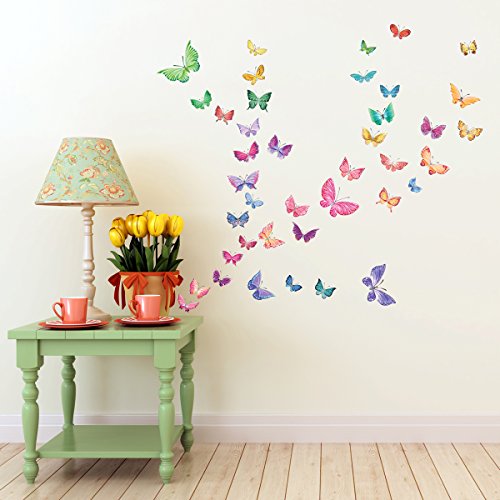 Decowall DW-1602 Aquarell Schmetterlinge Tiere Wandtattoo Wandsticker Wandaufkleber Wanddeko für Wohnzimmer Schlafzimmer Kinderzimmer von DECOWALL