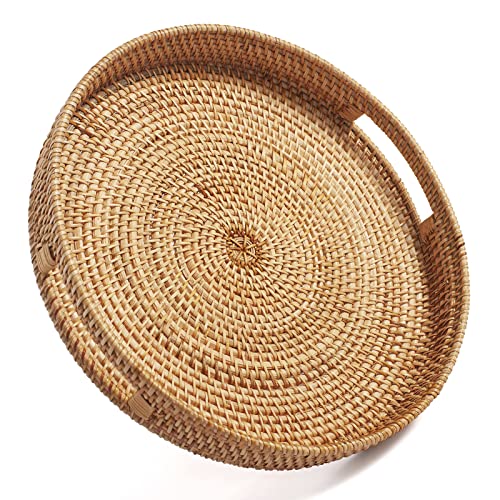 Runder Rattan Serviertablett mit Griff Gewebte Dekoratives Tablett für Couchtisch Osmanisches Natürlich (34cm x 7cm) von DECRAFTS