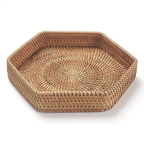 DECRAFTS Sechseck Rattan Serviertablett für Couchtisch Gewebte Dekorative Korb Tabletts für Osmanische Natur (25cm x 5cm) von DECRAFTS