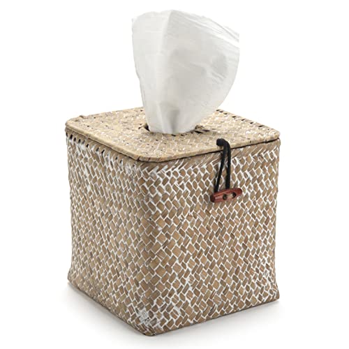 Kosmetiktücher Box Quadratisch aus Seegras Taschentücherbox Natur für Zuhause/Büro/Auto (Weiß, 14x14x14cm) von DECRAFTS
