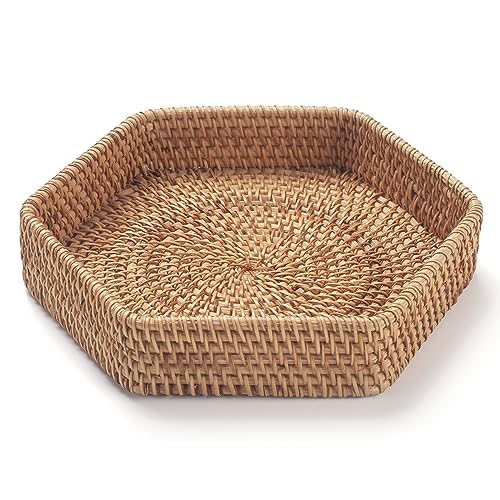 Sechseck Rattan Serviertablett für Couchtisch Gewebte Dekorative Korb Tabletts für Osmanische Natur (22cm x 4.5cm) von DECRAFTS