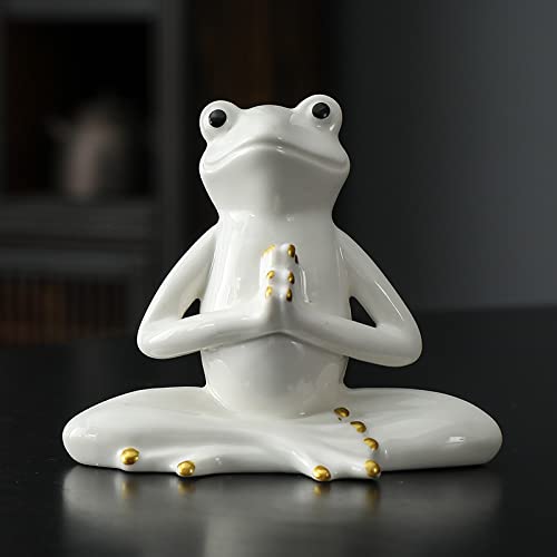 Handgefertigter weißer Yoga-Frosch aus Keramik künstliche Skulptur Kunst Yoga Studio Dekoration Heimbüro Geschenk von DECRZPB